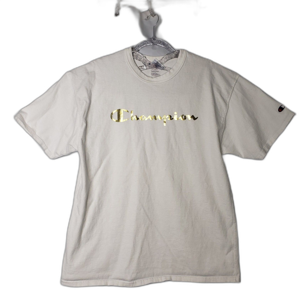 CHAMPION White Short Sleeve T Shirt With Gold Logo Mens Size Large